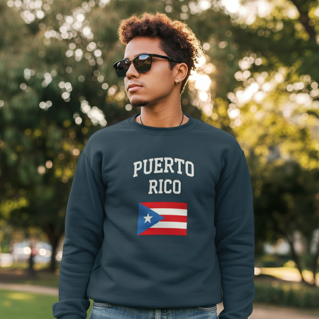 Navy blue Puerto Rico flag hoodie featuring bold text and colorful flag design