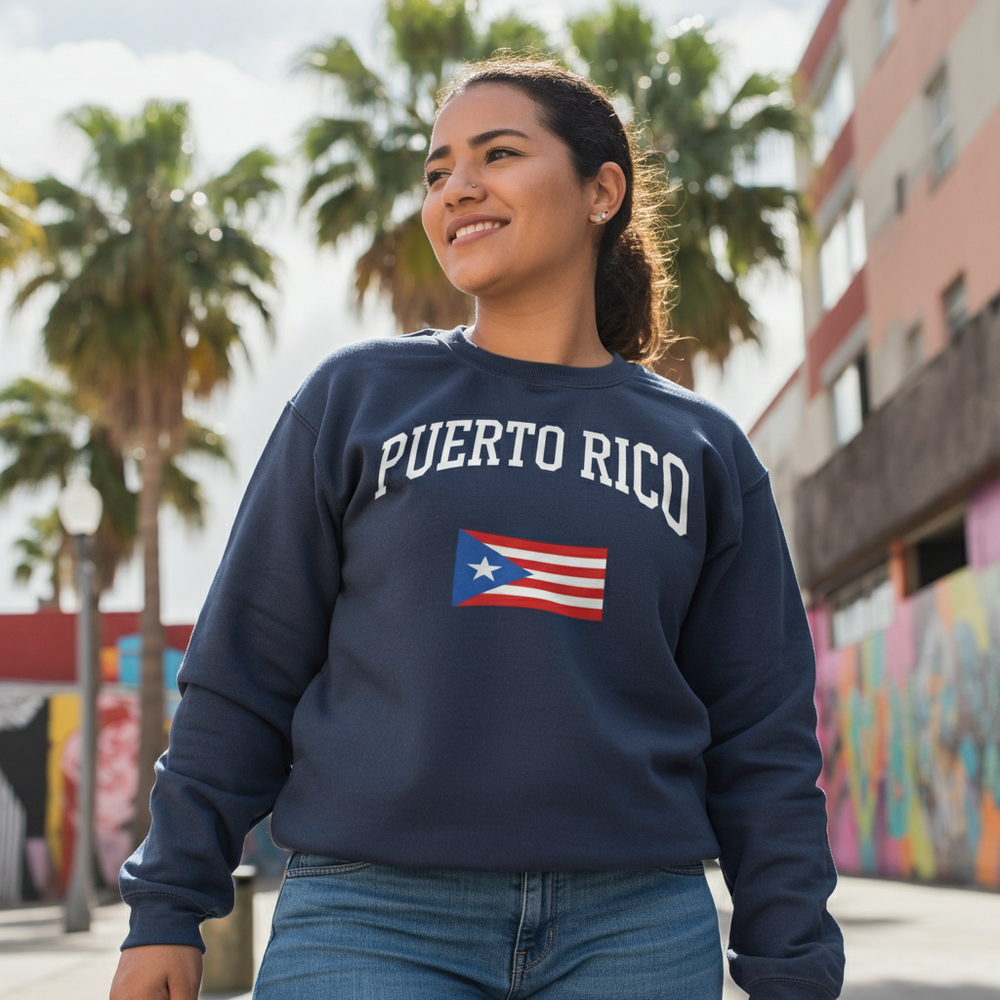 Navy blue Puerto Rico flag hoodie featuring the Puerto Rico text and vibrant flag design