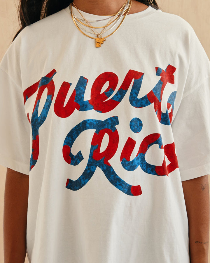 Valija Puerto Rico graphic t-shirt in white with bold red and blue lettering