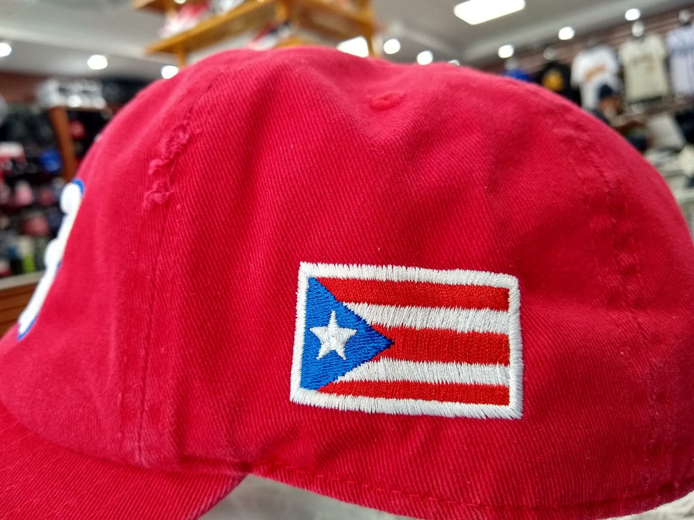 Red Puerto Rico hat with embroidered flag design