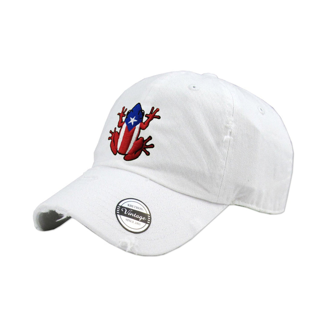 White cap with Puerto Rico hat design featuring a frog and flag