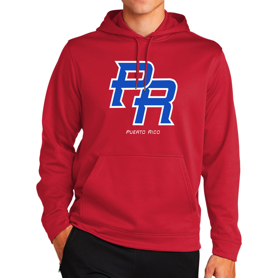Red Puerto Rico hoodie with bold PR logo for casual wear