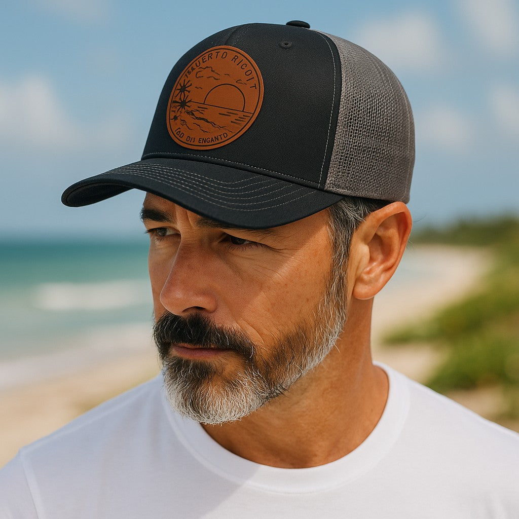 Puerto Rico leather patch hat with a rugged design, perfect for outdoor adventures and beach outings