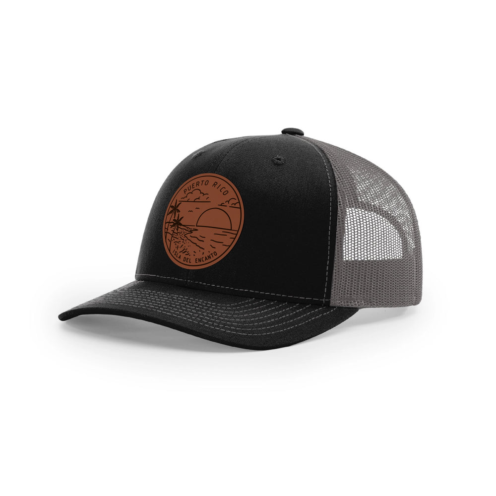 Puerto Rico leather patch hat featuring a sunset design and breathable mesh back