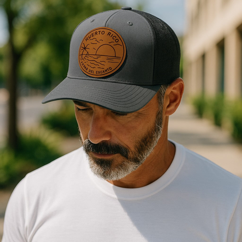 Puerto Rico leather patch hat featuring a scenic design, perfect for casual outdoor wear