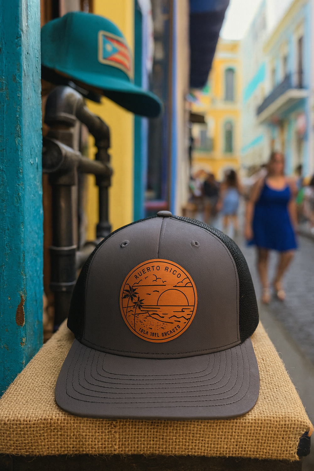 Boricua Gift Shop Puerto Rico leather patch hat with sunset and palm tree design