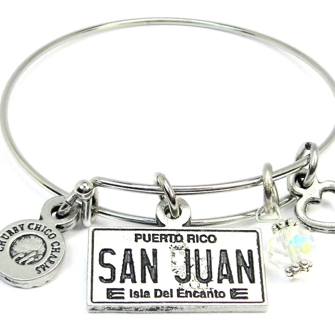 Chubby Chico Puerto Rican Bracelet featuring a Puerto Rico license plate charm and silver accents