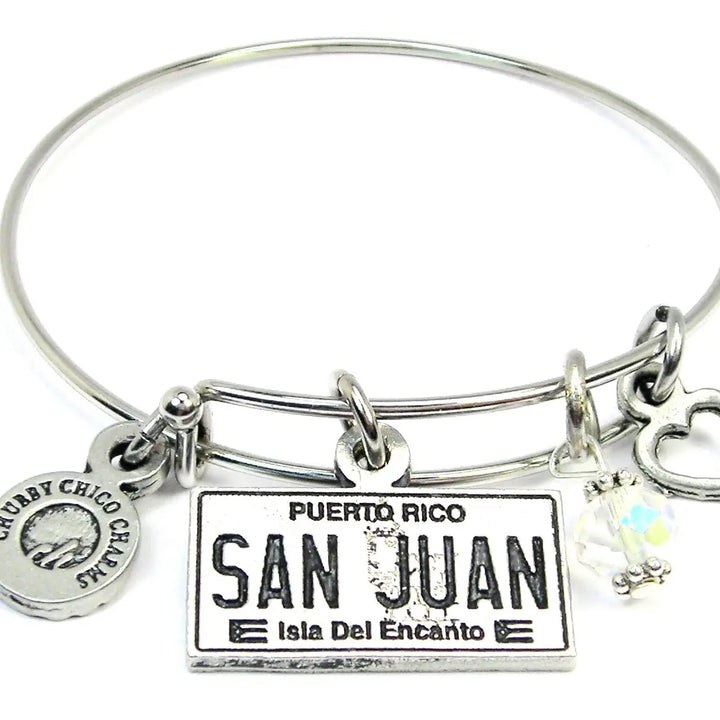 Chubby Chico Puerto Rican Bracelet featuring a Puerto Rico license plate charm and silver accents