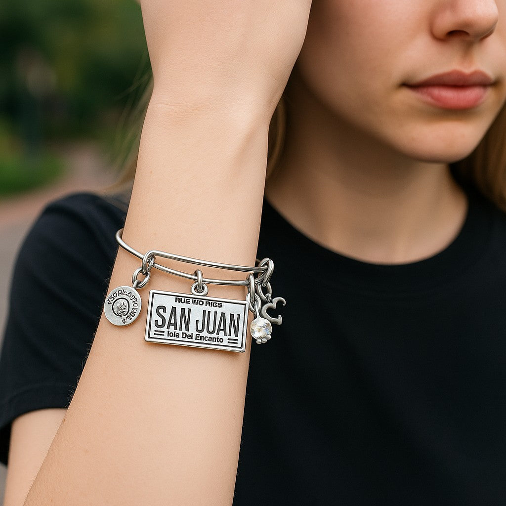 Chubby Chico Puerto Rican Bracelet featuring a Puerto Rico license plate charm and elegant design