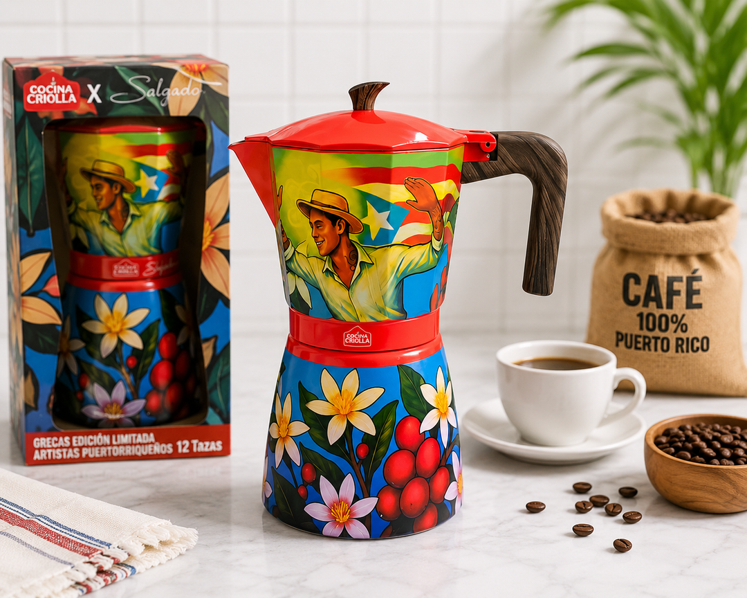 Colorful stovetop coffee maker featuring Puerto Rico art