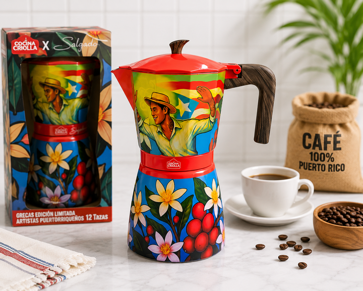 Colorful stovetop coffee maker featuring Puerto Rico art