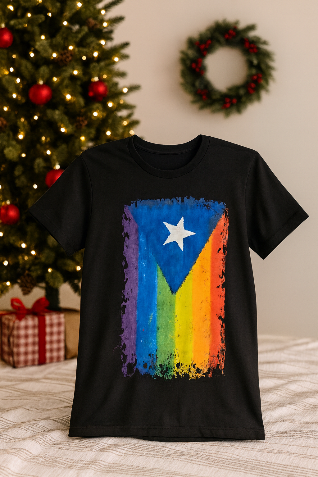 Boricua Gift Shop Puerto Rico pride t-shirt featuring a colorful flag design on a black shirt