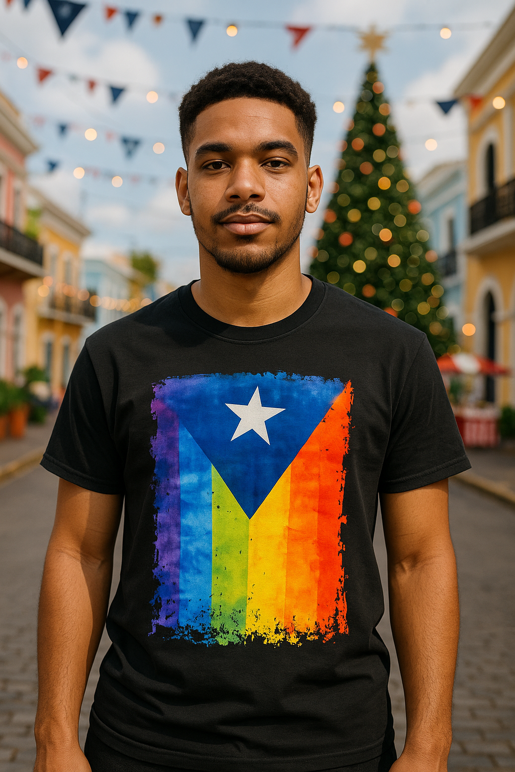 Black Puerto Rico pride t-shirt featuring a colorful rainbow design and star graphic
