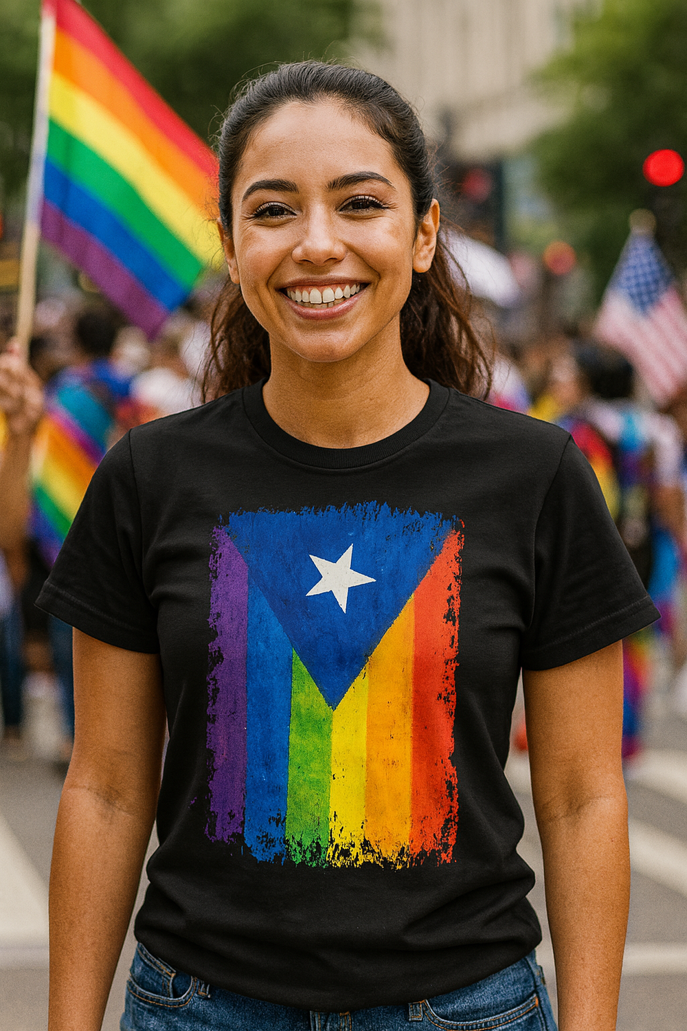 Puerto Rico pride t-shirt featuring a colorful design with the flag and rainbow colors