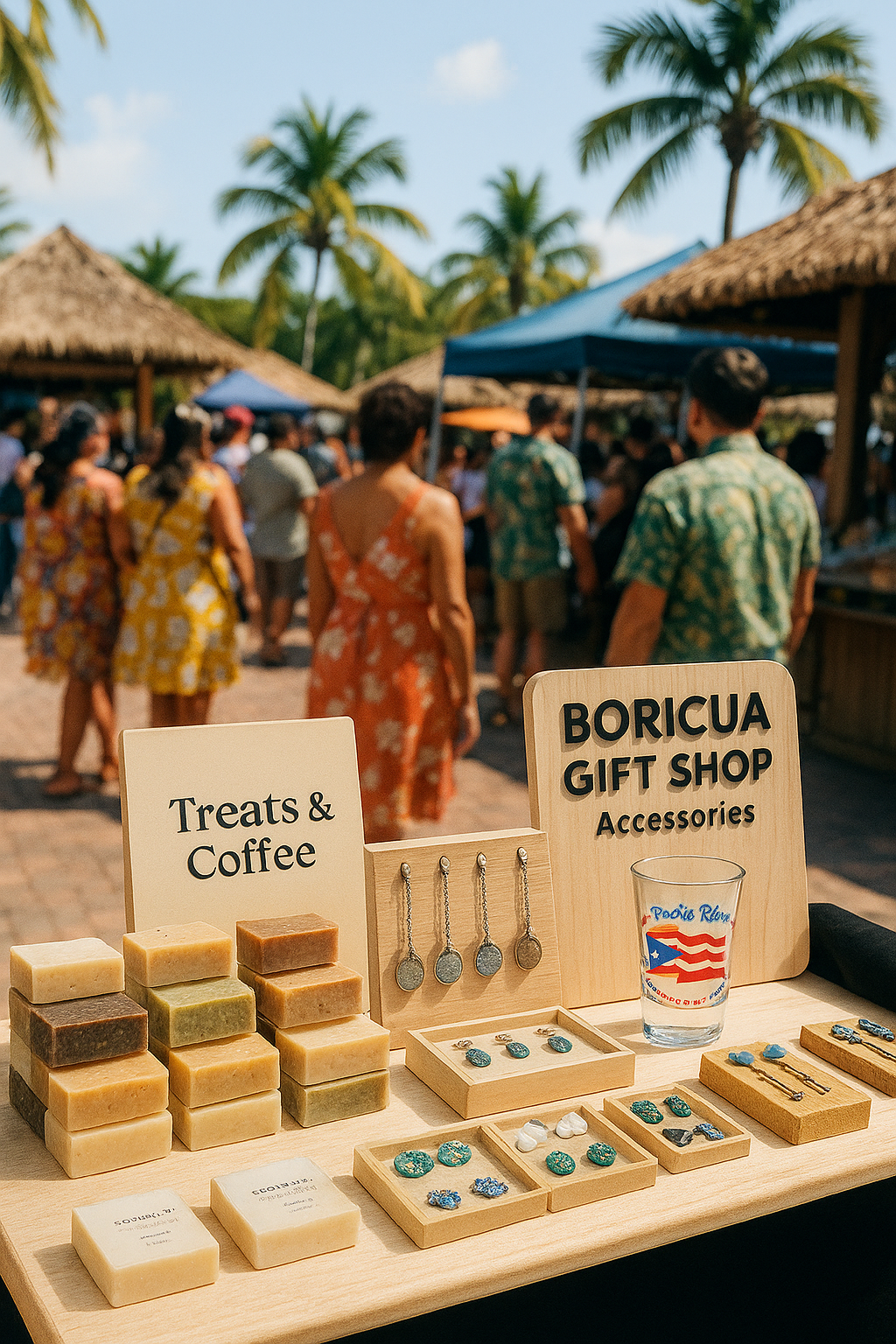Puerto Rico shot glass souvenir displayed at Boricua Gift Shop booth with soaps and keychains