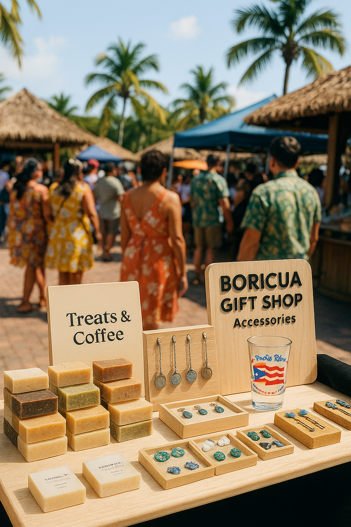 Puerto Rico shot glass souvenir displayed at Boricua Gift Shop booth with soaps and keychains