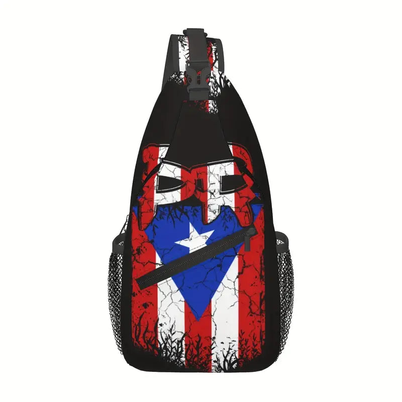 Puerto Rico sling bag featuring a bold distressed flag design with a unique artistic touch