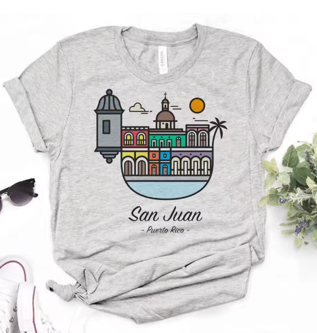 Gray t-shirt featuring San Juan Puerto Rico design, perfect for Puerto Rico souvenir clothing