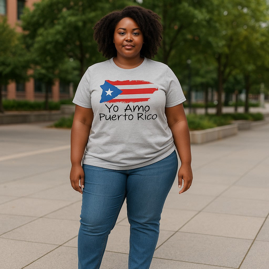 Gray Yo Amo Puerto Rico T-Shirt with Flag Design, perfect Puerto Rico souvenir clothing