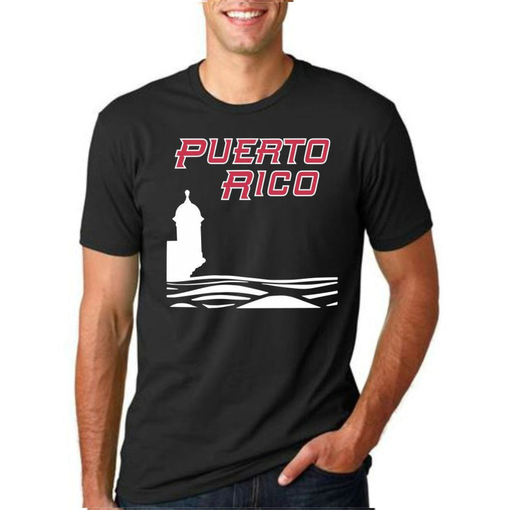 Puerto Rico t-shirt in black featuring a lighthouse graphic