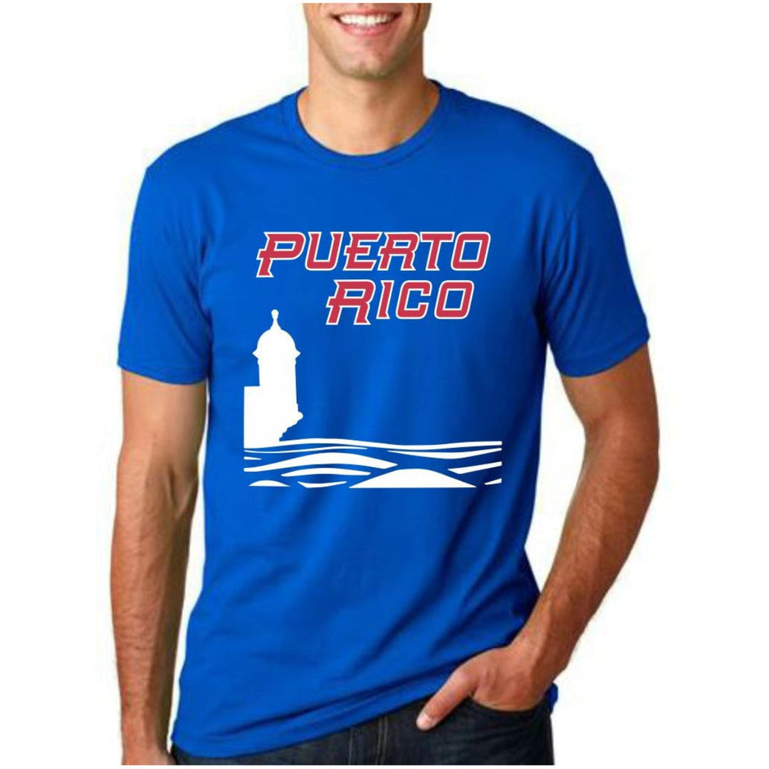 Blue Puerto Rico t-shirt featuring a lighthouse and waves design