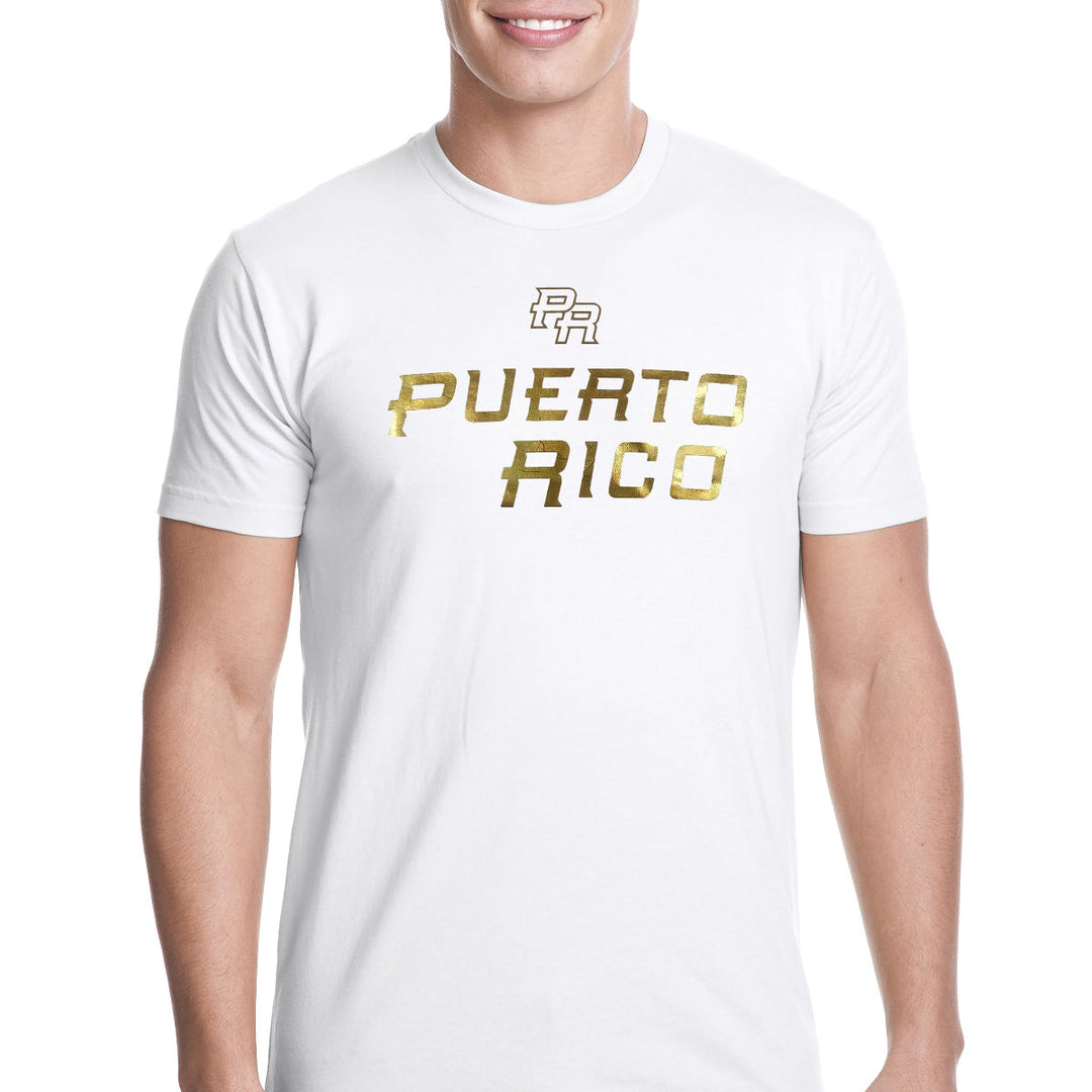 Puerto Rico t-shirt in white with gold lettering for proud Boricua supporters