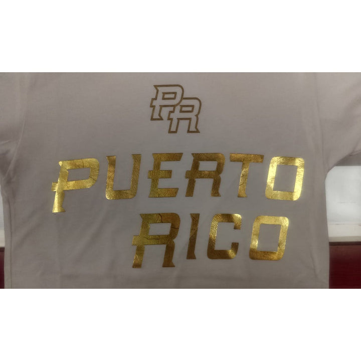 Puerto Rico T-Shirt in white with gold lettering for proud Boricua supporters