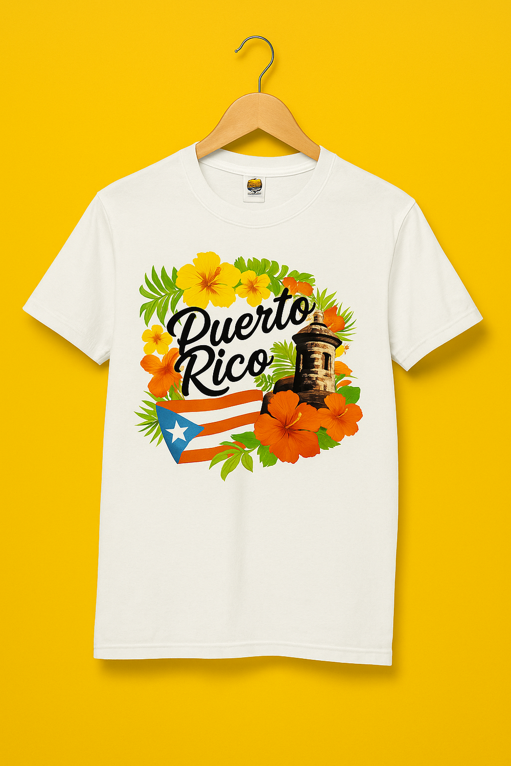 Puerto Rico tropical floral t-shirt with colorful flowers and Puerto Rican flag design