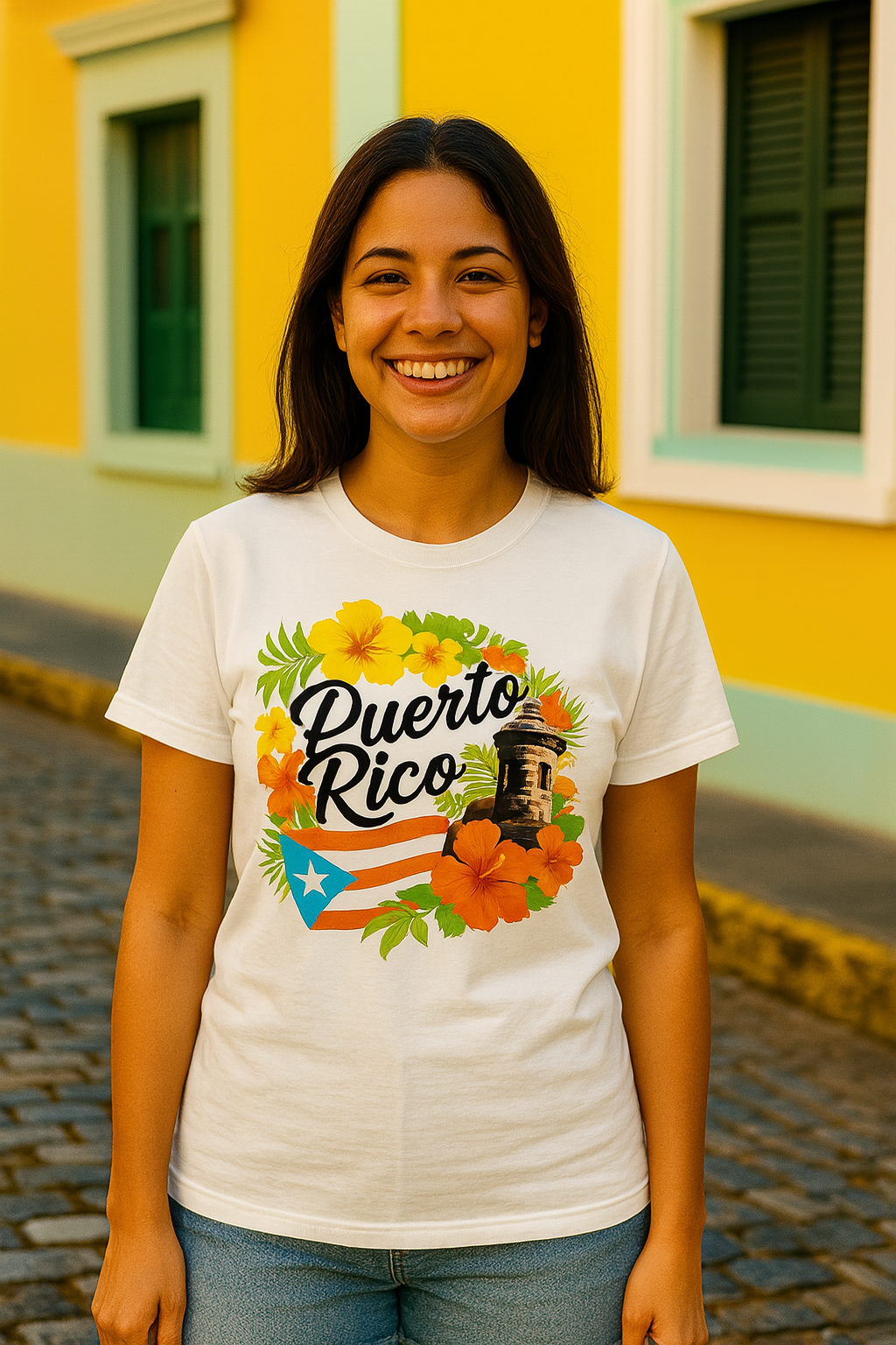 Puerto Rico tropical floral t-shirt with colorful hibiscus flowers and island design worn by smiling woman