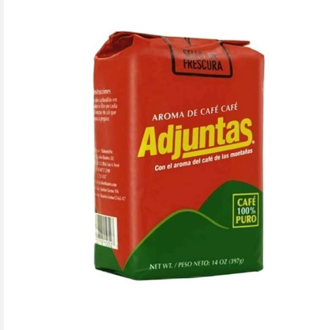 Café de Adjuntas 100% Pure Puerto Rican Coffee in a 14 oz red packaging with mountain design