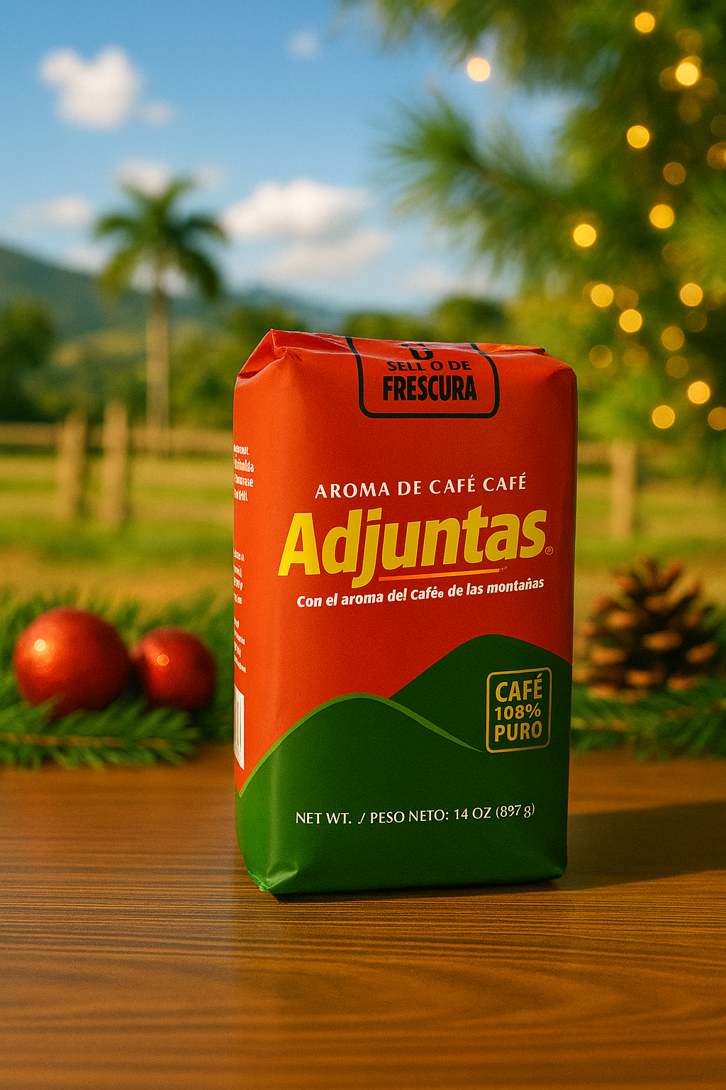 Café de Adjuntas 14 oz package featuring Pure Puerto Rican Coffee with a scenic background