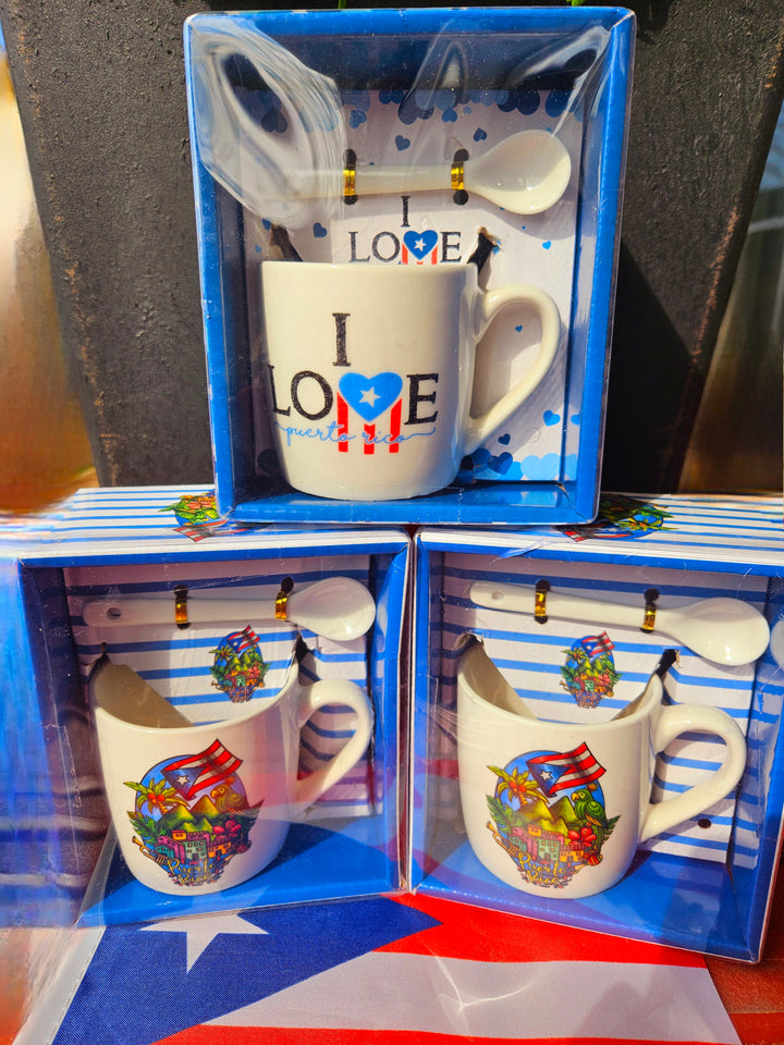 Set of three I Love Puerto Rico souvenir cups with spoon, decorated with colorful designs