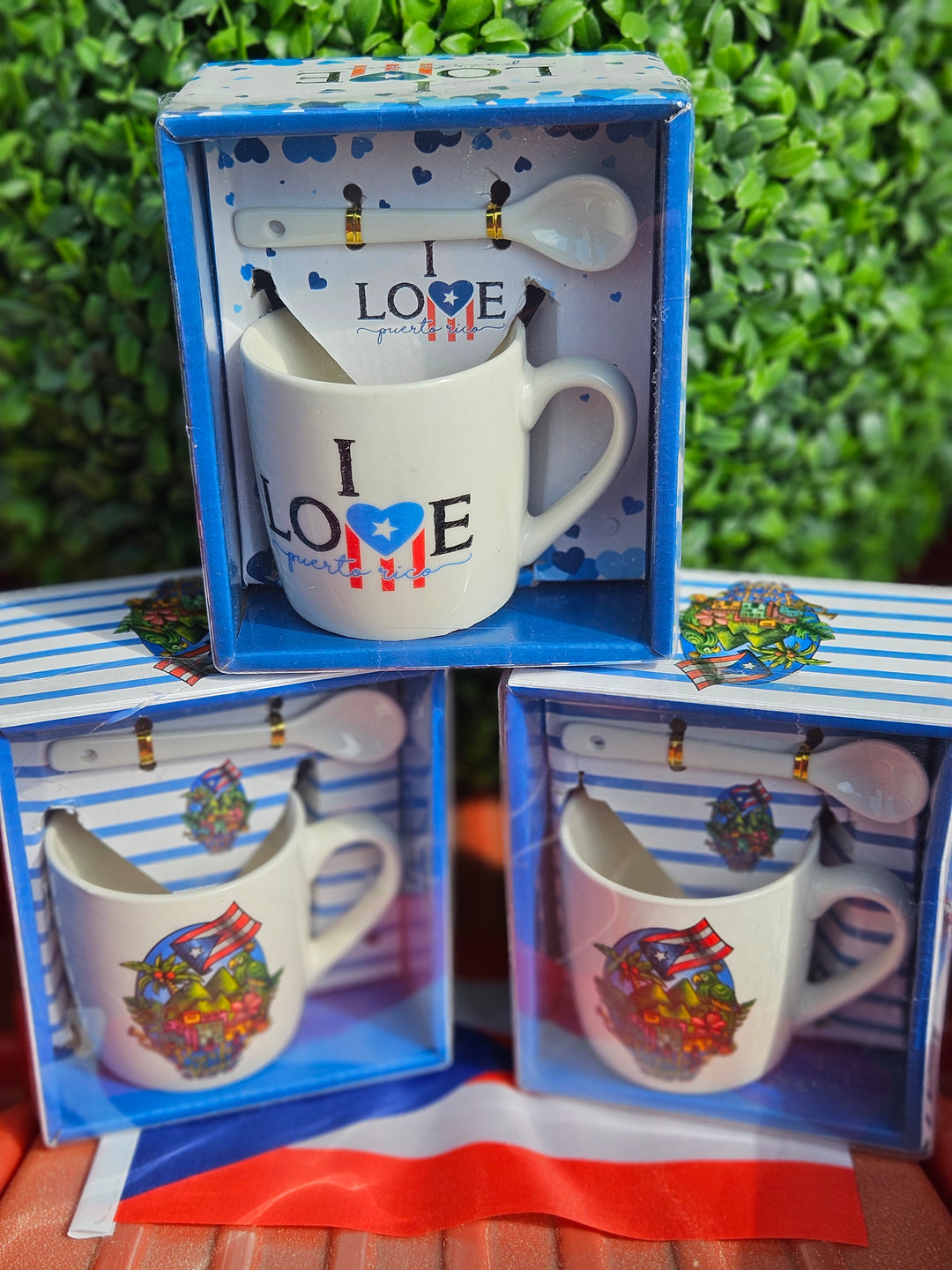 Boricua Gift Shop souvenir cup with spoon featuring I Love Puerto Rico design and colorful graphics