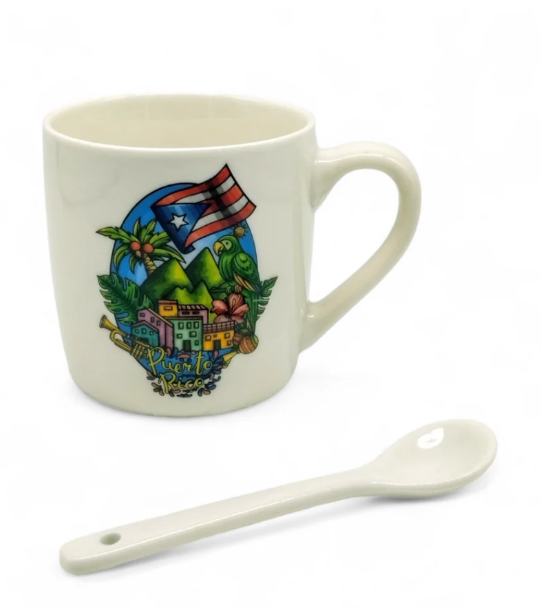 Puerto Rico souvenir cup with spoon featuring colorful island design and flag illustration