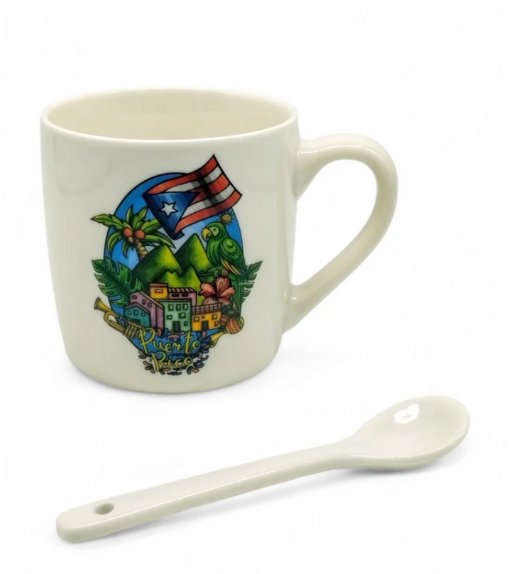Puerto Rico souvenir cup with spoon featuring colorful island design and flag illustration