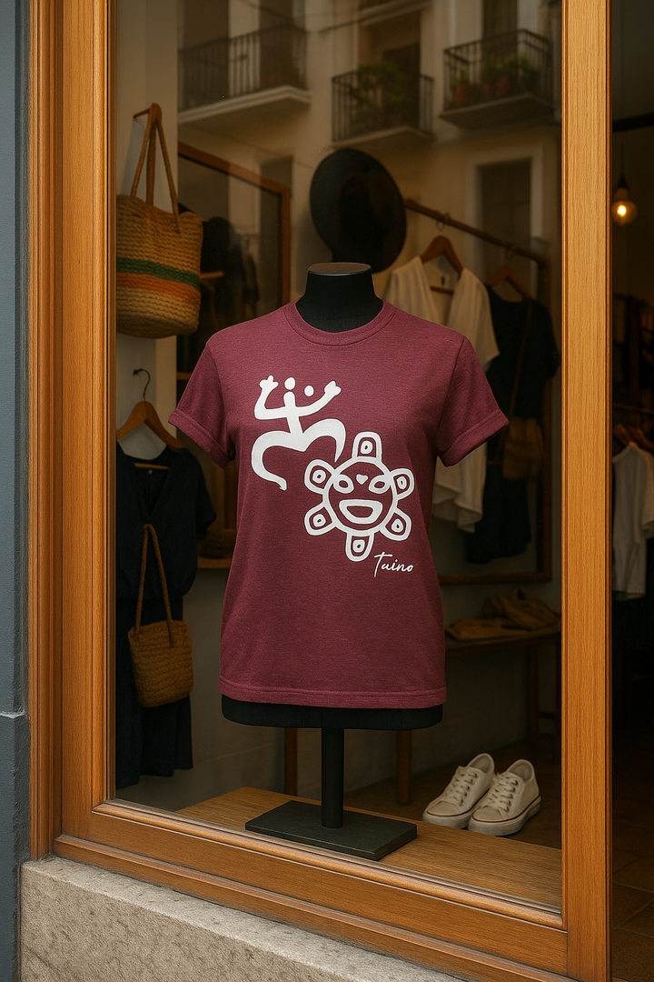 Burgundy Taino Symbol Shirt with unique graphic design displayed on a mannequin in a boutique window