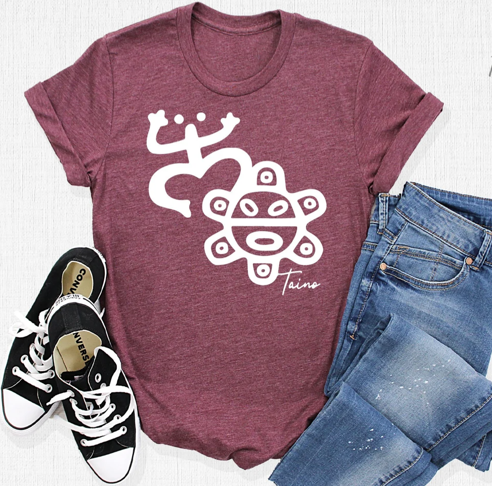 Boricua Gift Shop Taino Symbol Shirt in maroon featuring traditional symbols on a soft fabric