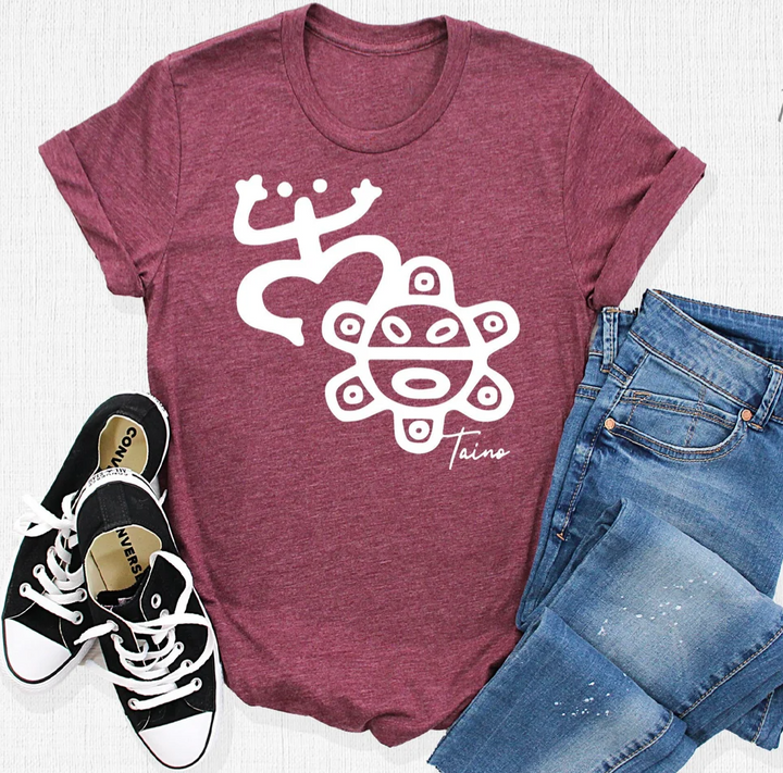 Boricua Gift Shop Taino Symbol Shirt in maroon featuring traditional symbols on a soft fabric