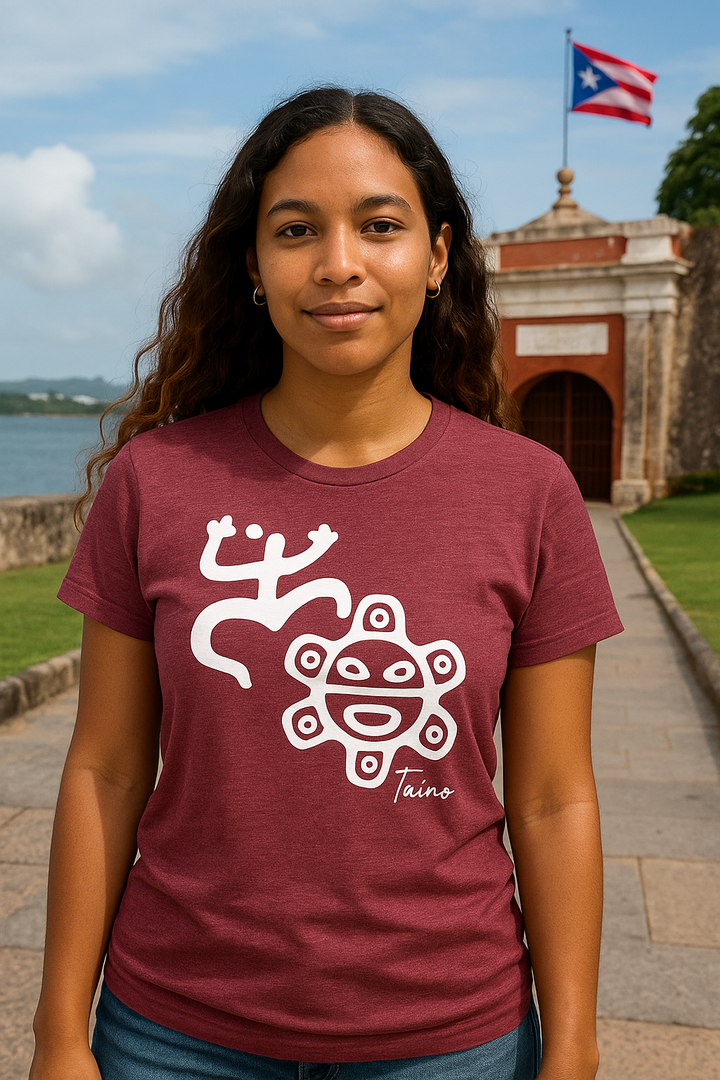 Burgundy Taino Symbol Shirt featuring traditional designs, perfect for cultural enthusiasts