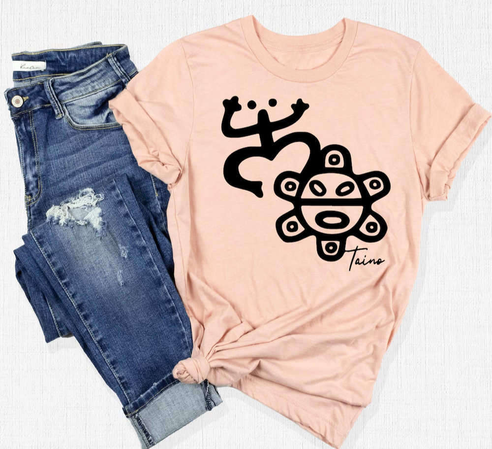 Taino Symbol Shirt in Soft Pink with Bold Black Design, Available in Small Medium Large