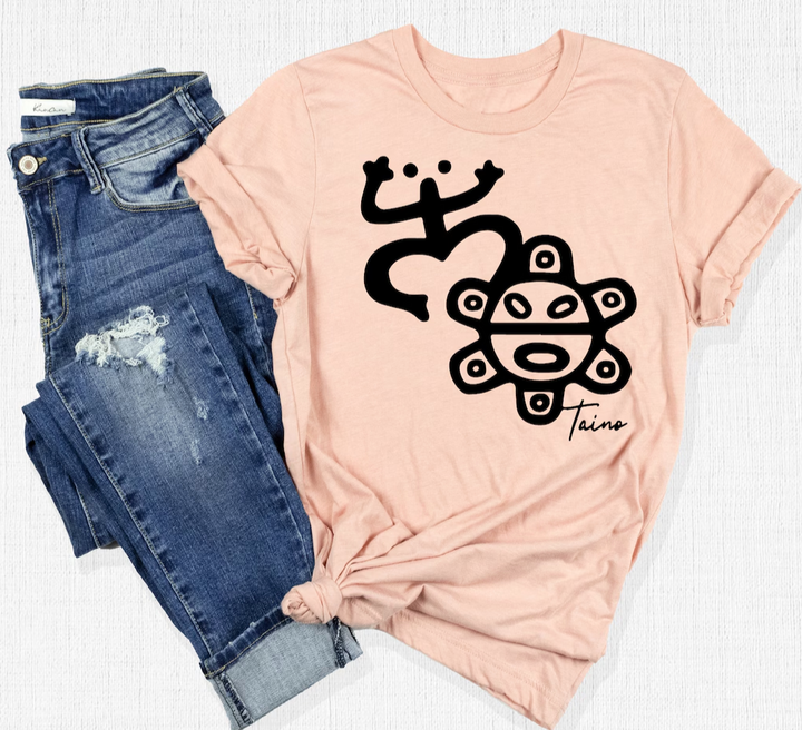 Taino Symbol Shirt in Soft Pink with Bold Black Design, Available in Small Medium Large