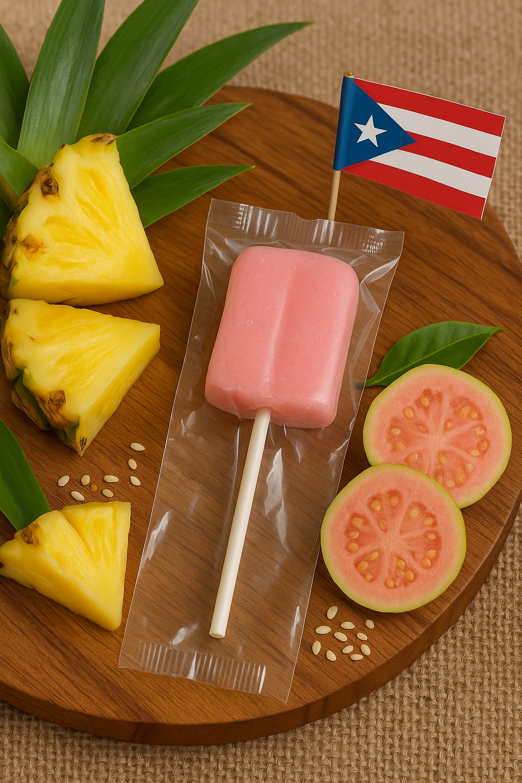 Tipica Artesanal traditional Puerto Rican lollipop on a stick with fresh pineapple and guava on wooden board
