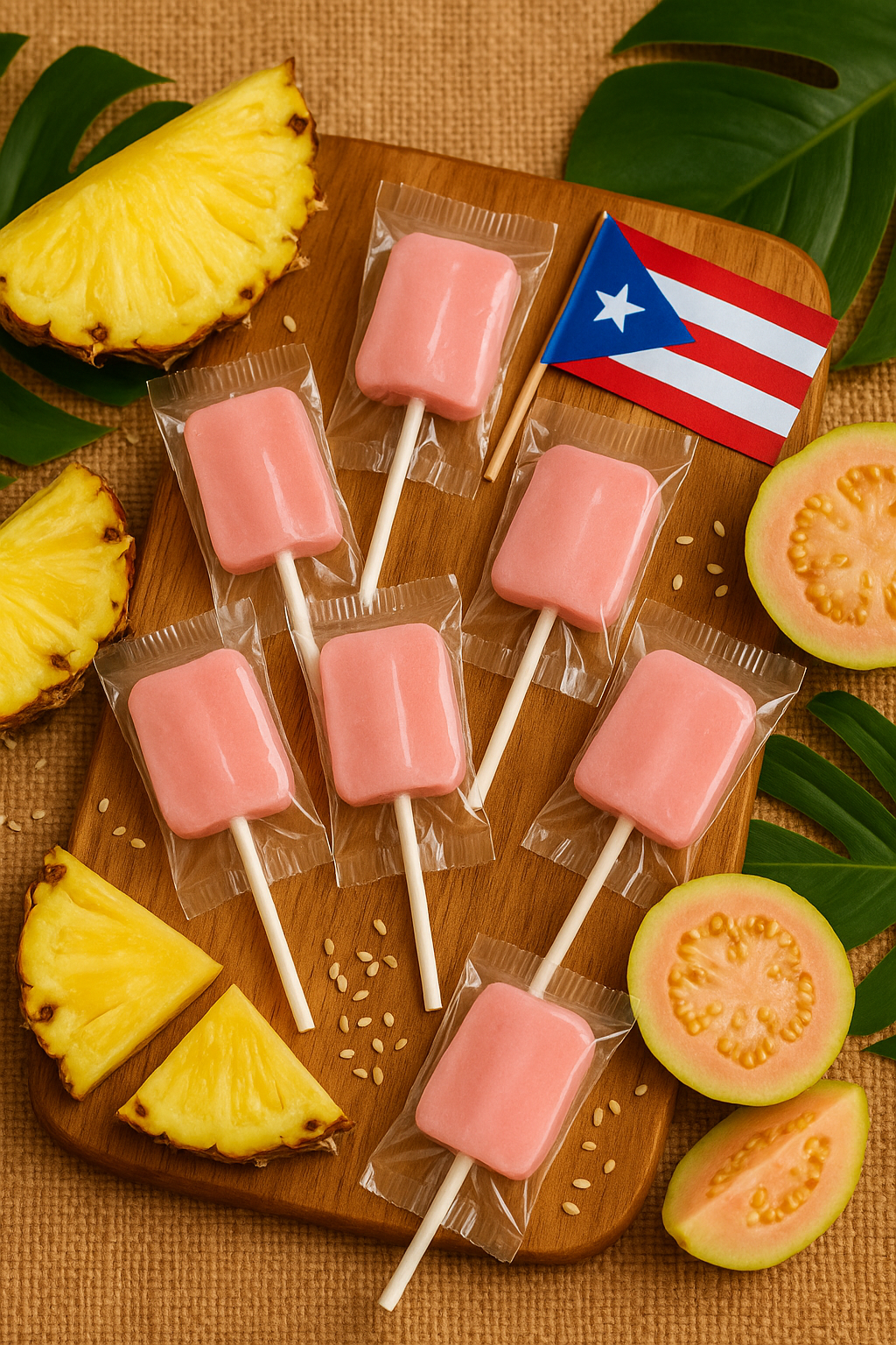 Tipica Artesanal traditional Puerto Rican lollipop pink candy on sticks with pineapple and guava fruit