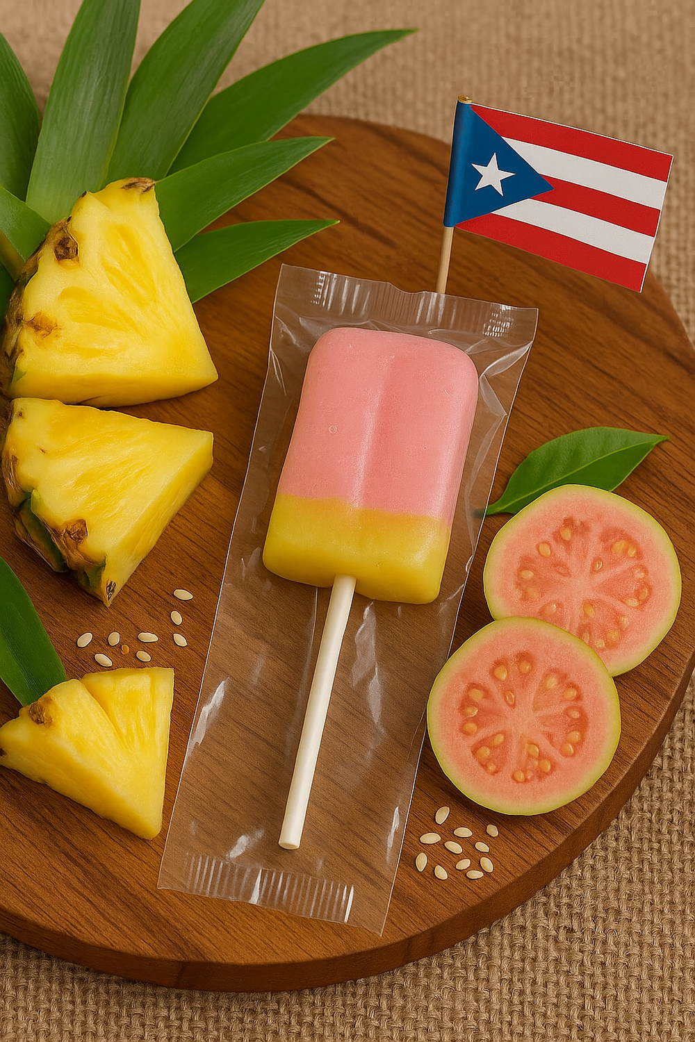 Traditional Puerto Rican lollipop in pink and yellow with fruit on a wooden platter