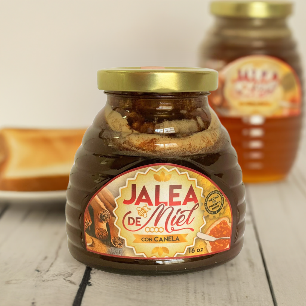 Apiarios Caraballo Turmeric Cinnamon Ginger Jelly in a 16 oz jar with a decorative label