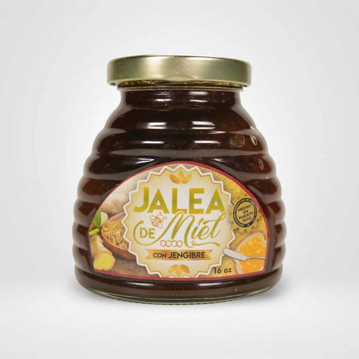 Apiarios Caraballo Turmeric Cinnamon Ginger Jelly in a 16 oz jar with a honeycomb design