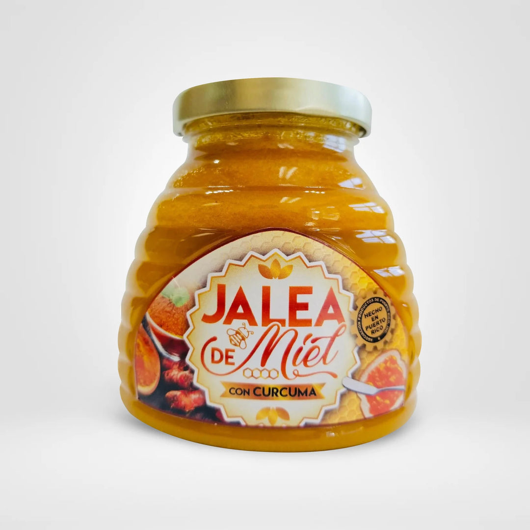 Apiarios Caraballo turmeric cinnamon ginger jelly in a honey jar with a golden lid