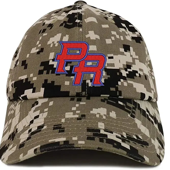Camo Unisex Puerto Rican Cap featuring a bold PR logo, perfect for stylish outdoor wear