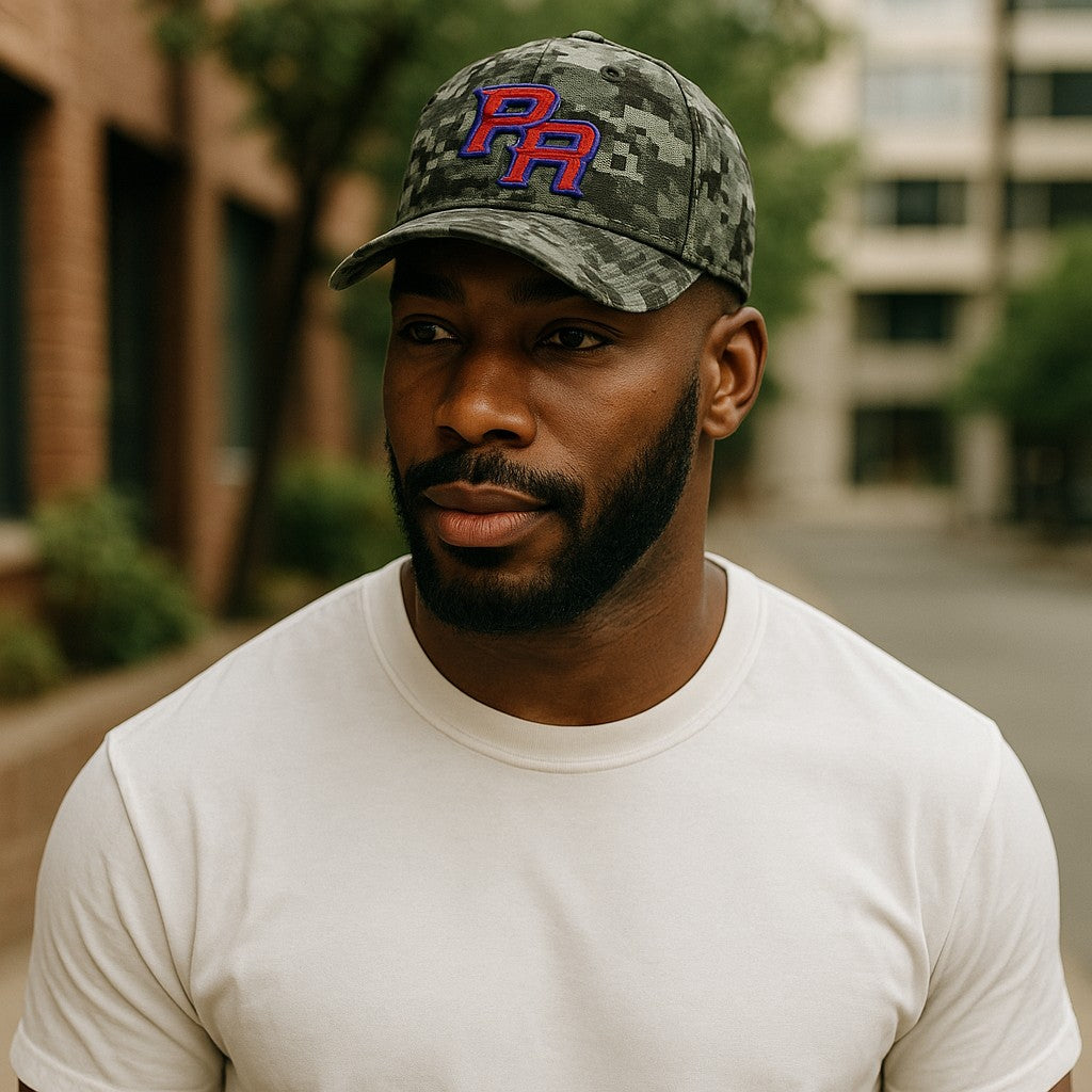 Unisex Puerto Rican Cap in camo design worn by a man, perfect for casual outings or showing pride.