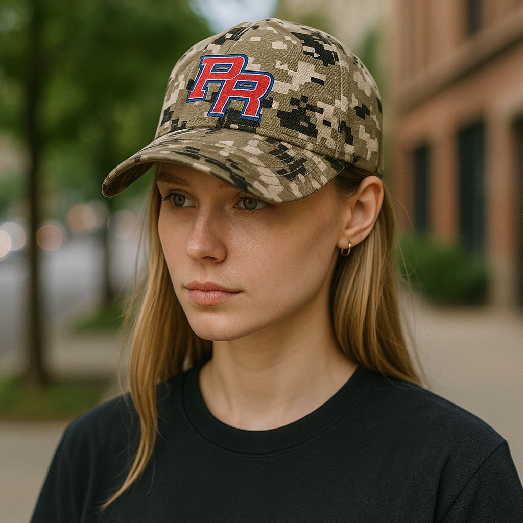 Unisex Puerto Rican Cap in camo print with embroidered PR logo, perfect for outdoor activities